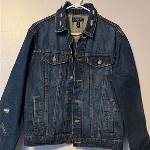 Forever 21 Men's Blue Denim Jacket with Distressed Details